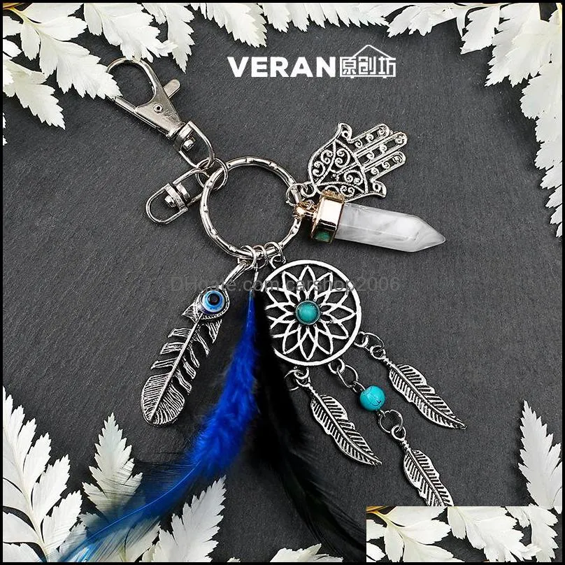 dream catcher keychains blue feather tassel hamsa hand evil eye keyring for wall car hanging decor amulet boho jewelry