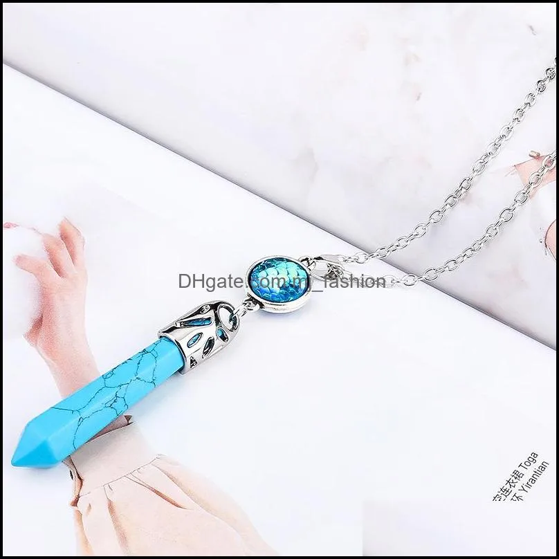 mermaid fish scale charms hexagon prism natural stone pendant necklace with stainless steel chains women jewelry
