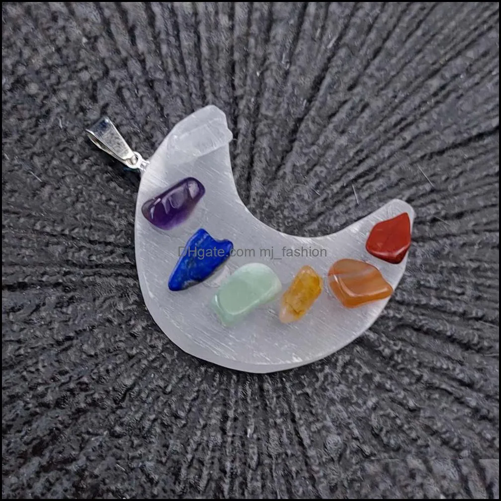 healing gypsum crescent moon stone pendant seven chakra necklace reiki crystal agate for necklaces women jewelry