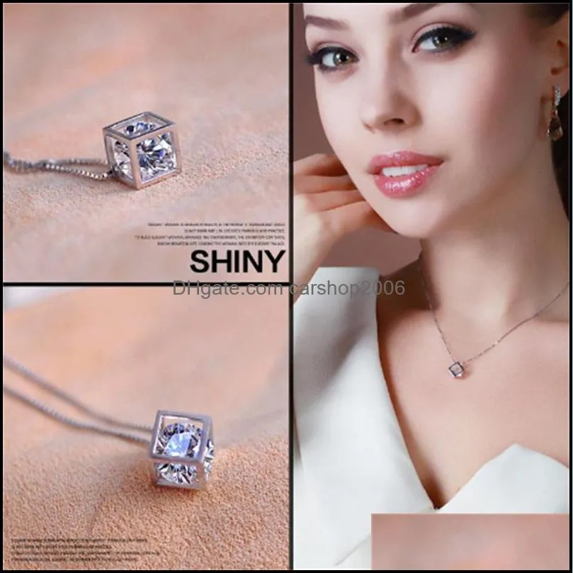 new 925 sterling silver women necklaces fashion love cube pendant high quality zircon clavicle chain jewelry length 45cm 20220226 t2