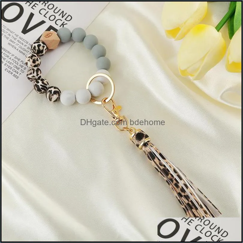 party favor silicone bead bracelet key ring anti loss wood women tassel keys chain 9 style 2250 t2