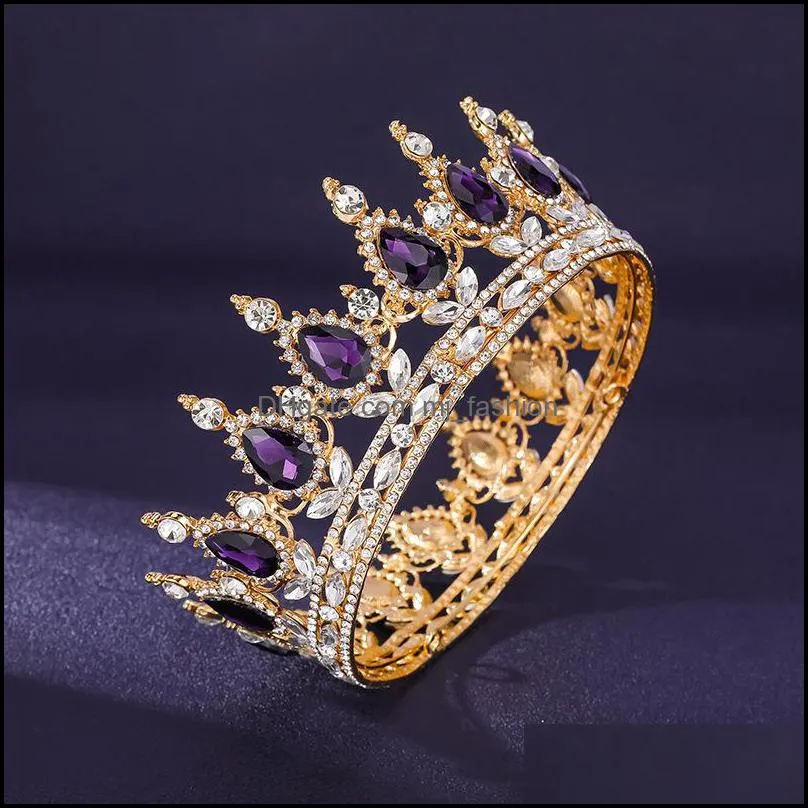 gold purple queen king bridal crown for women headdress prom pageant wedding tiaras and crowns hair jewelry accessories c3