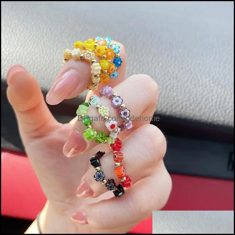wedding rings lovely summer korean colorful beads flowers elasticity for women girls party boho beach vacation jewelry gifts 3399 q2
