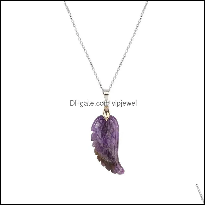 aura healing crystal quartz gemstone jewelry necklaces angel wings carved stone pendant necklace unisex