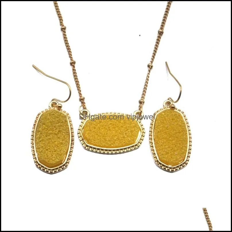 designer oval drusy druzy necklace dangle earrings jewelry set gold plated druse choker women wedding party