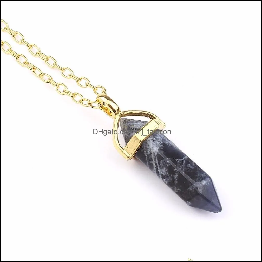 gold hexagonal pointed reiki natural stones turquoise pink quartz pillar charms pendant necklace for women men gift accessories