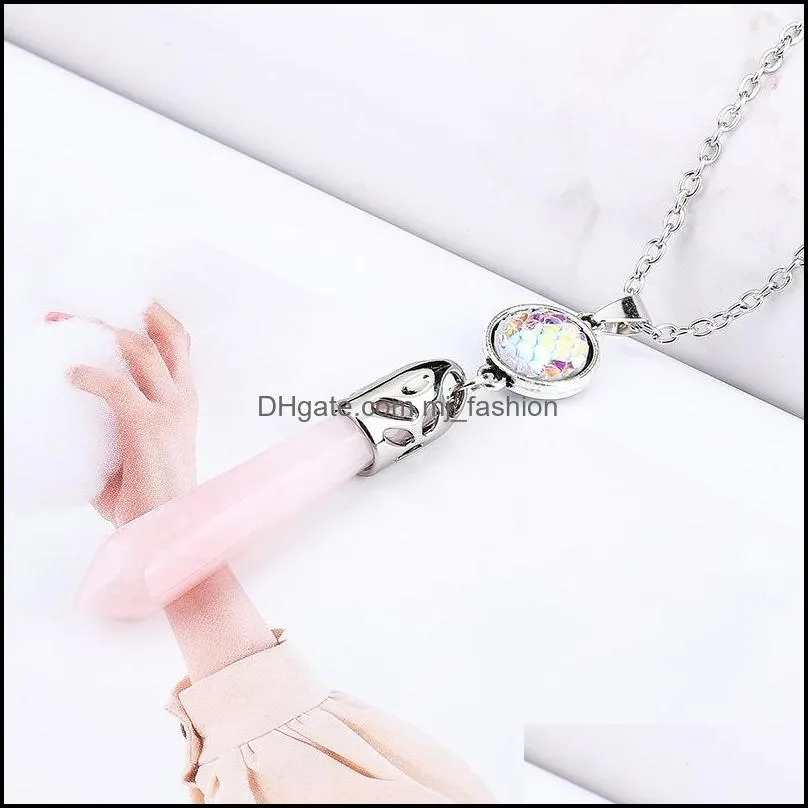 mermaid fish scale charms hexagon prism natural stone pendant necklace with stainless steel chains women jewelry