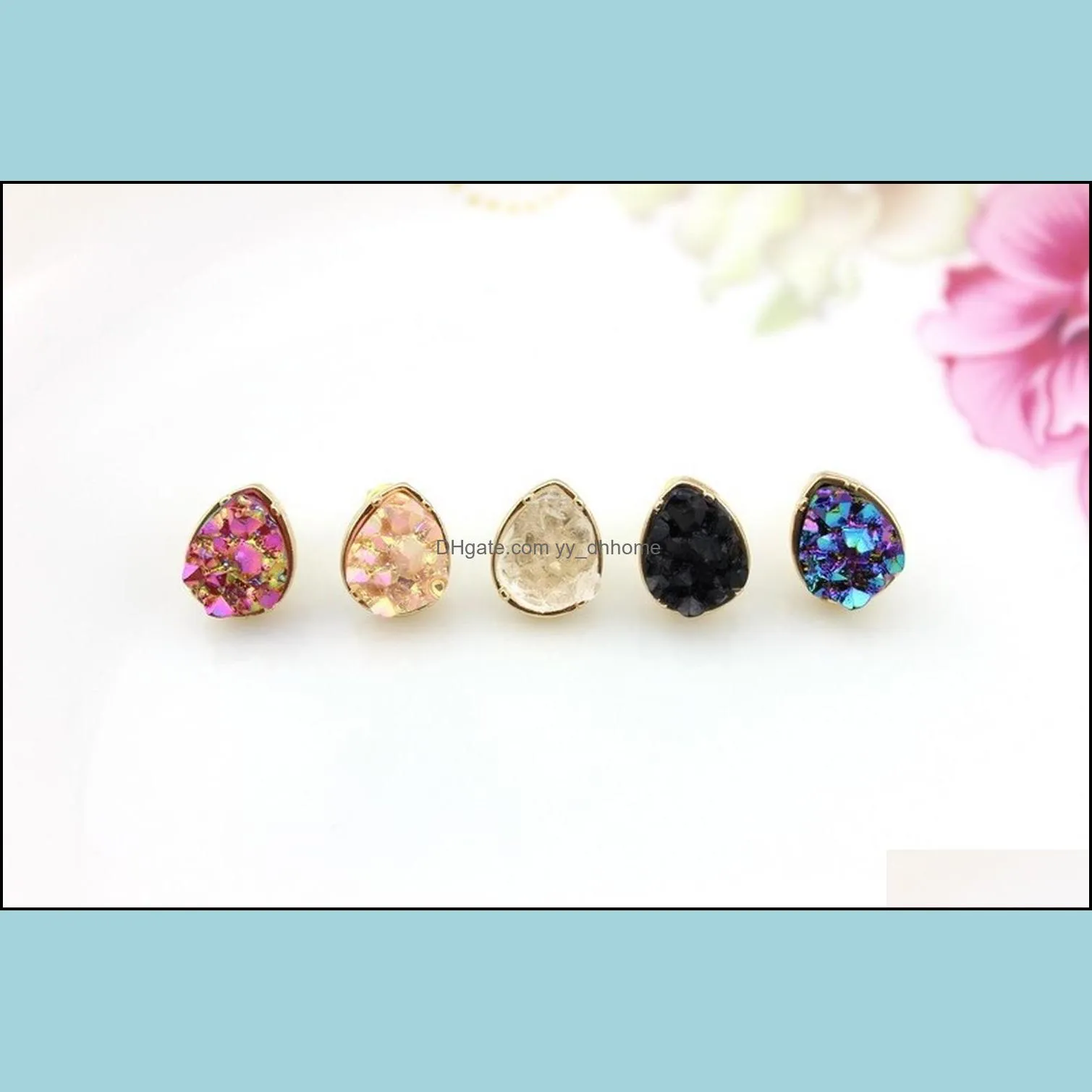 fashion gold silver round teardrop square druzy stud earrings mini geometric dot black quartze stone drusy earring jewelry