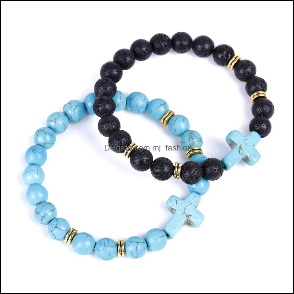 cross charms lava beads strand bracelets classic 8mm turquoise stone elastic friendship bracelet beach for women men jewelry