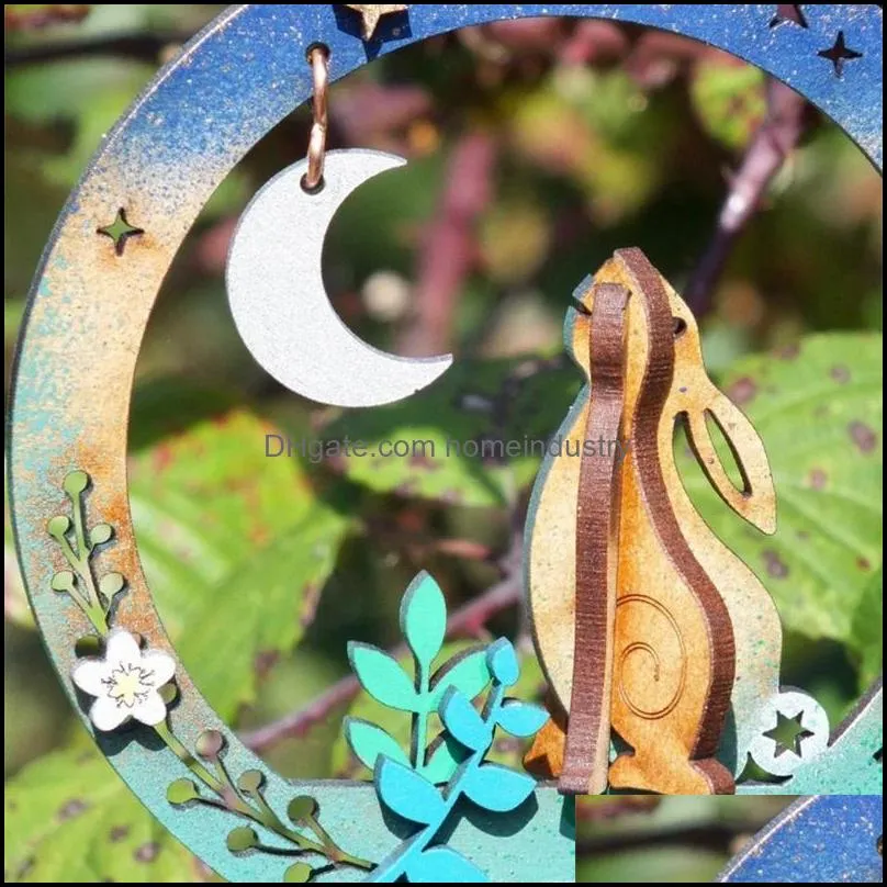 party favor wooden pendant round plaque looking at the moon hanging decor glittery home ornament for easter car reri889