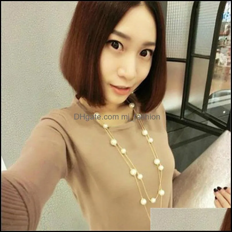 new long double layer simulated pearl necklace women sweater chain necklace female collares statement jewlery wholesale 2021 735 q2