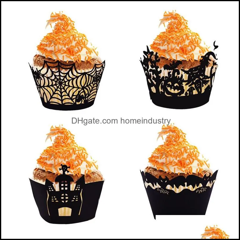 12pcs halloween cupcake wrapper baking cup hollow out paper cake witch spiderweb castle decoration 220819