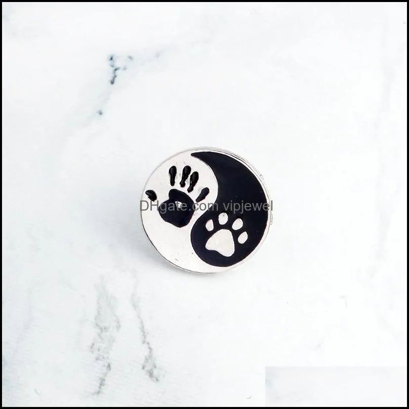 hand dog paw print taiji ying yang black white round pins lapel pin badge best friend broach jewelry