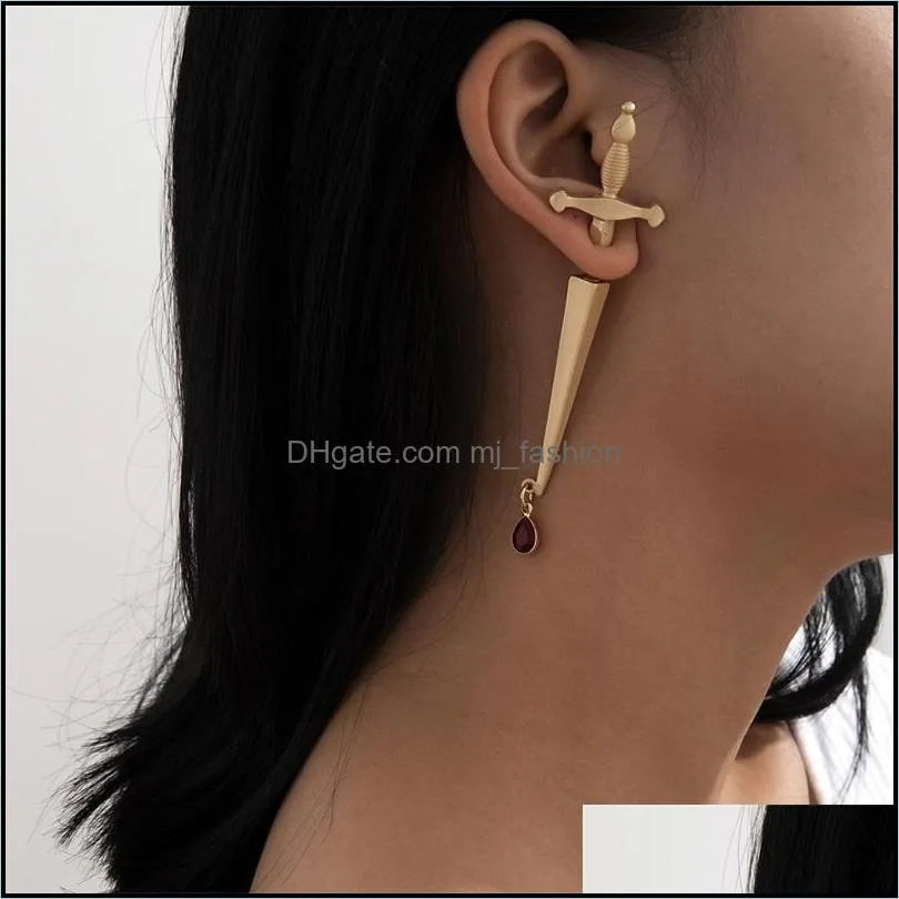 s2408 europe fashion jewelry single piece long sword stud earring cool hip-hop red drop cross earrings 143c3