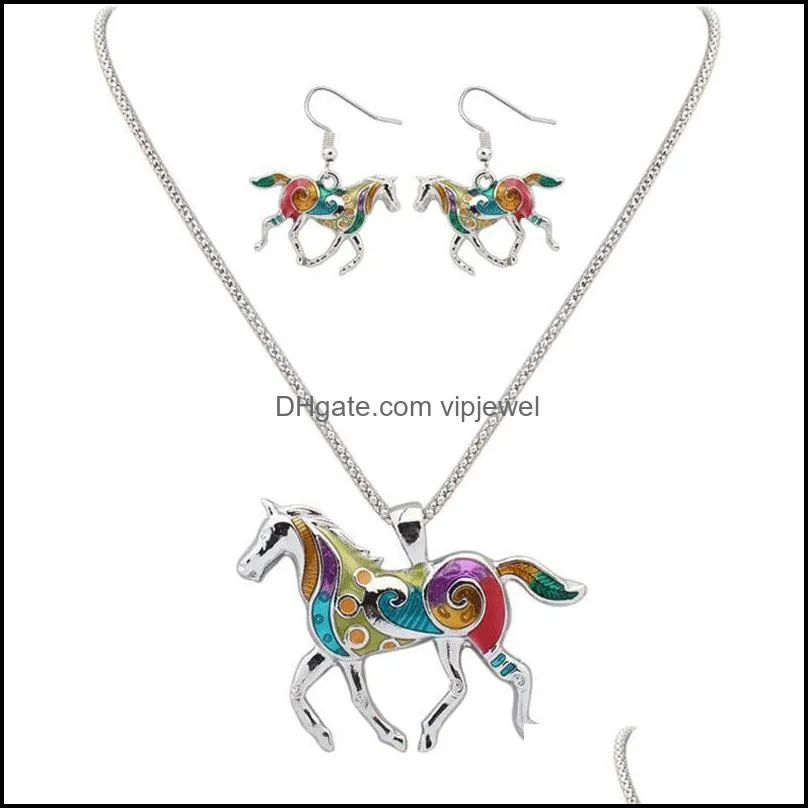 pretty necklace sets enamel horse necklace earrings jewelry sets pendants for women silver plated enamel jewelry set