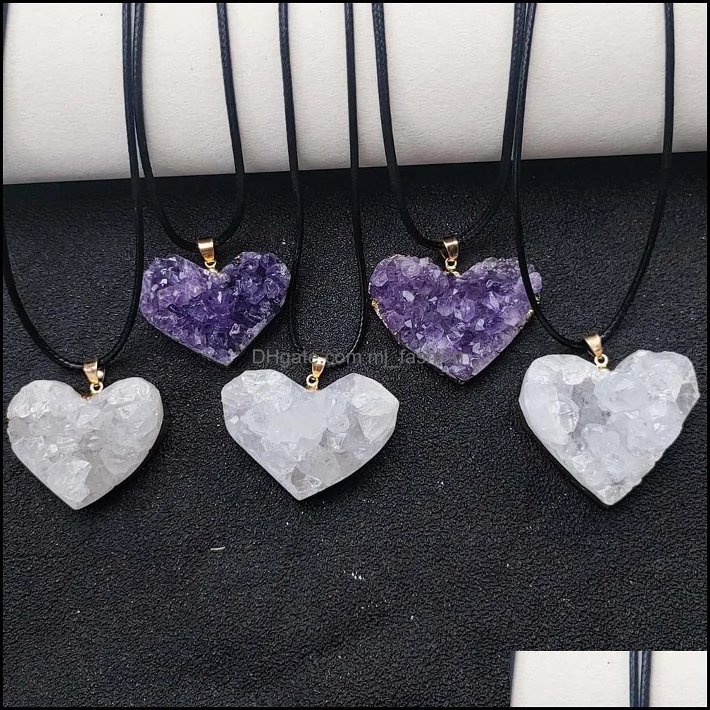 healing natural amethyst stone heart pendant necklace gold band raw white crystal charms collar for women reiki jewelry