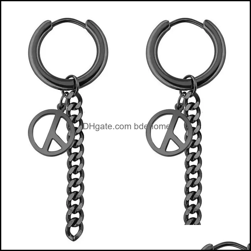 fashion jewelry men`s earrings stainless steel dangle & chandelier chain cross round black earrings men`s creative style 3712 q2