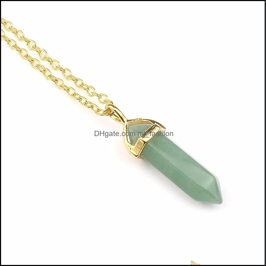 gold hexagonal pointed reiki natural stones turquoise pink quartz pillar charms pendant necklace for women men gift accessories