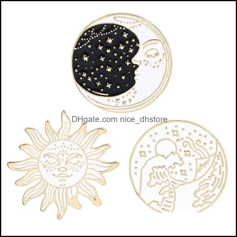golden sun moon star seaside waves brooches cartoon smile face round enamel pins denim jackets lapel pin creative badges jewelry