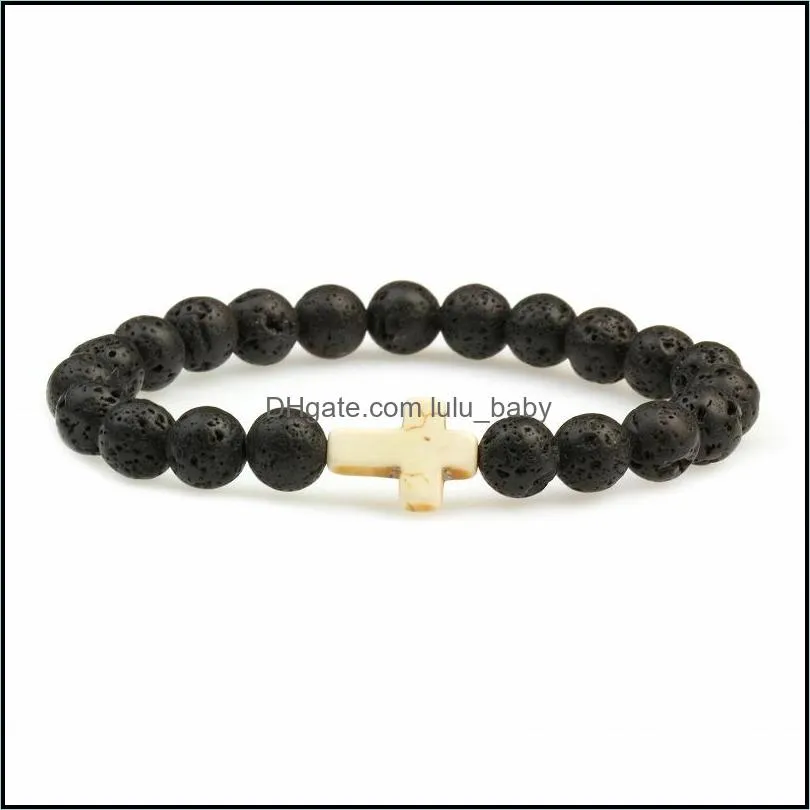 new strands essential oil perfume diffuser 8mm black lava cross stone beads bracelet stretch yoga jewelry 843 q2