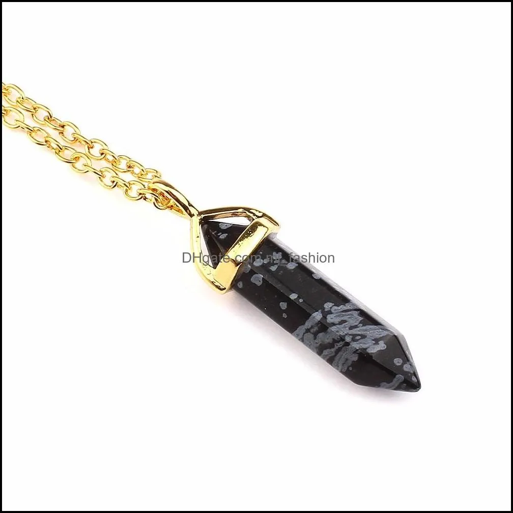 gold hexagonal pointed reiki natural stones turquoise pink quartz pillar charms pendant necklace for women men gift accessories