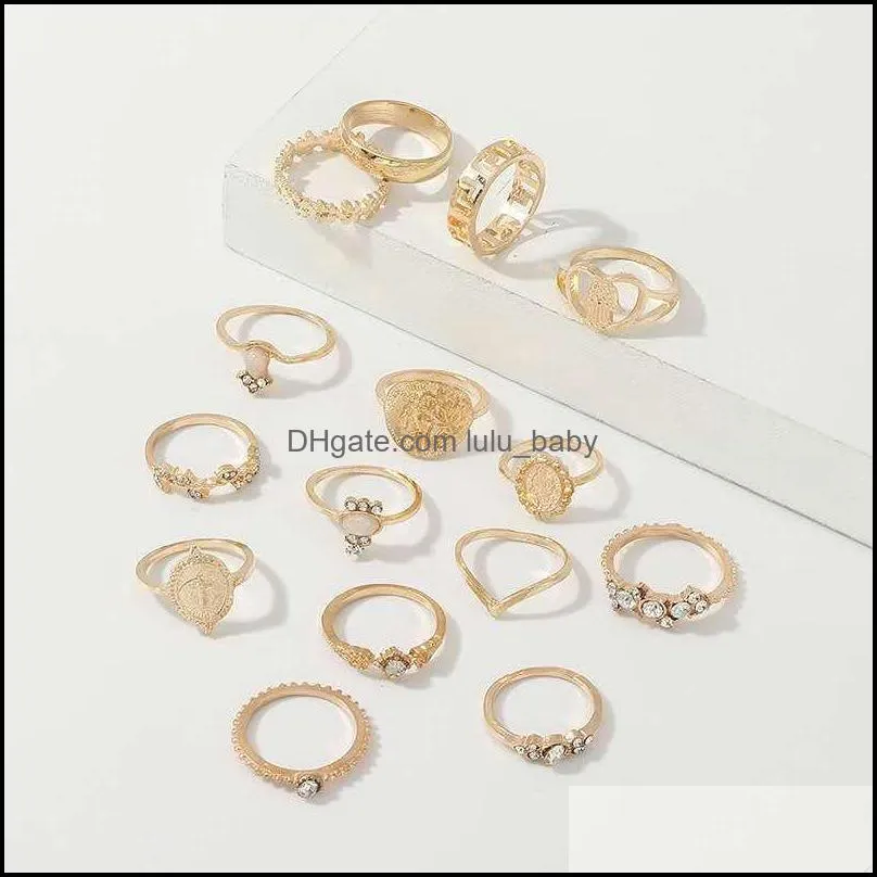 hot fashion jewelry knuckle ring set gold cross heart fatima`s palm stacking rings midi rings sets 15pcs/set 63 u2