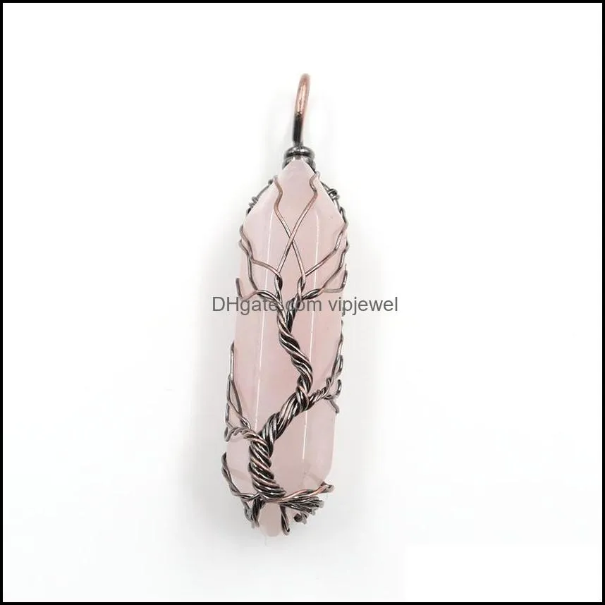 retrotree of life wire wrapped crystal pillar charm round rose quartz healing blue white stones pendant diy jewelry making