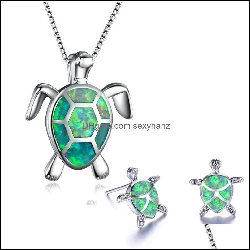 925 sterling silver cute turtle pendant necklace and earrings blue fire opal filled female wedding animal jewelry set 117c3