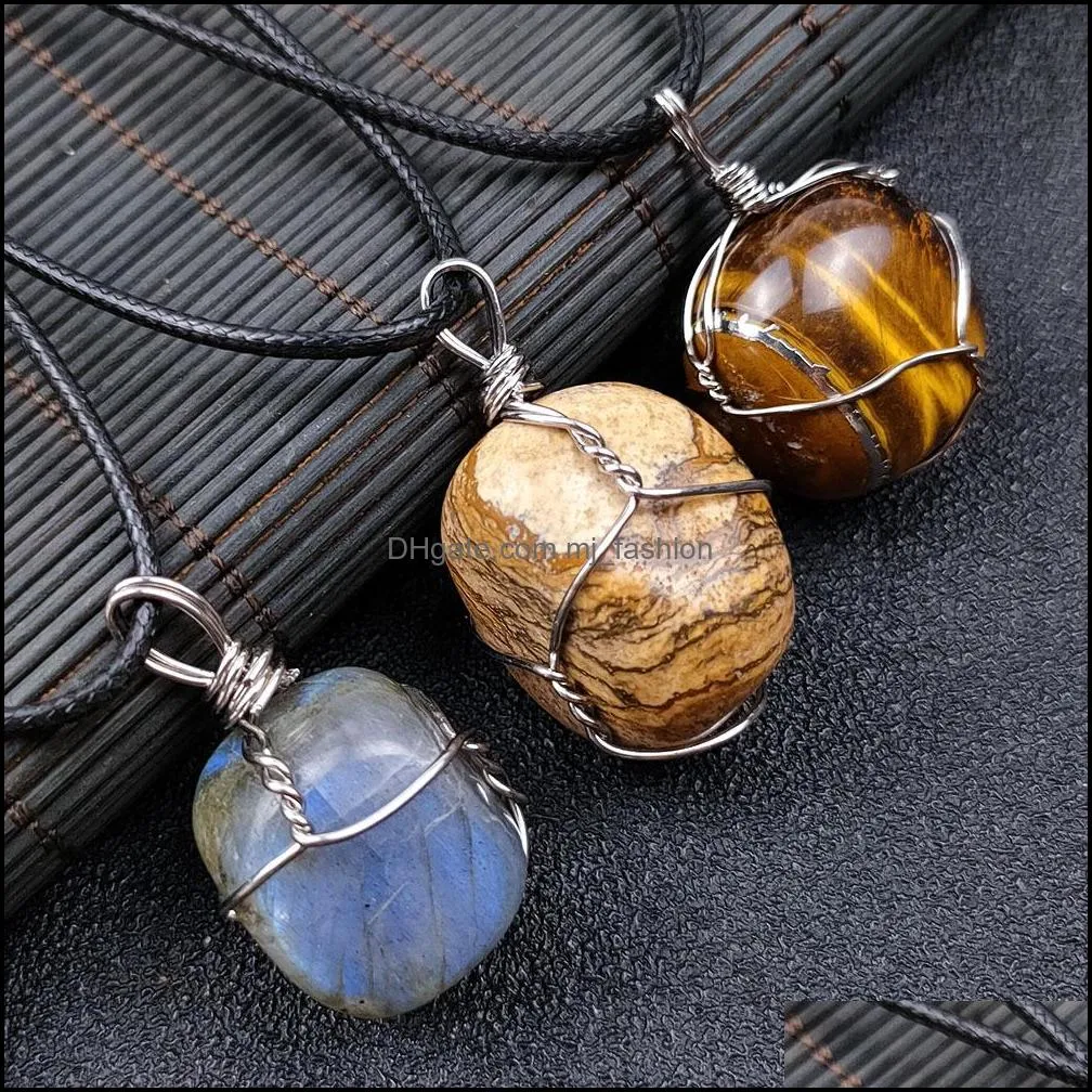 wire wrapped chakra stone pendant necklace jewelry healing crystal quartz bead women men pendants necklaces