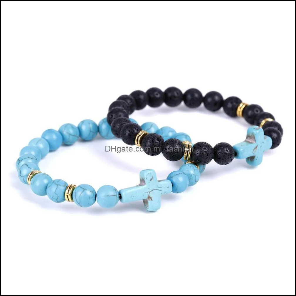 cross charms lava beads strand bracelets classic 8mm turquoise stone elastic friendship bracelet beach for women men jewelry