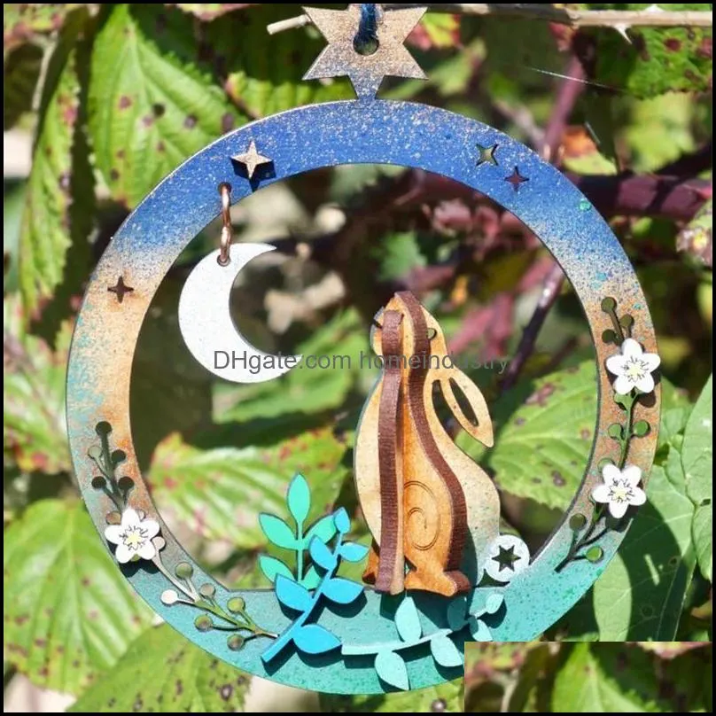 party favor wooden pendant round plaque looking at the moon hanging decor glittery home ornament for easter car reri889