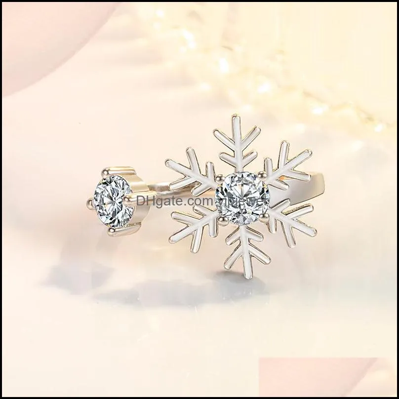 white cz crystal snowflake finger ring adjustable opening rings for women wedding engagement christmas gift silver rings