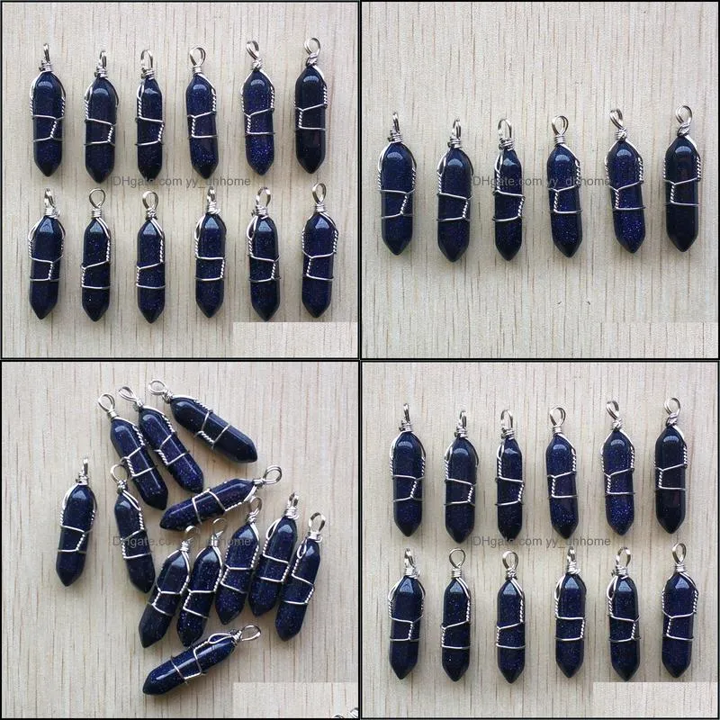 blue sand stone pillar shape point pendulum charms handmade iron wire pendants for fashion jewelry making wholesale