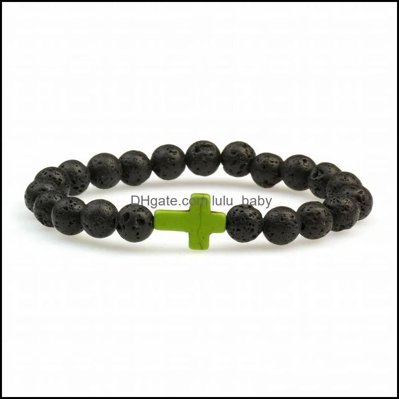 new strands  oil perfume diffuser 8mm black lava cross stone beads bracelet stretch yoga jewelry 843 q2