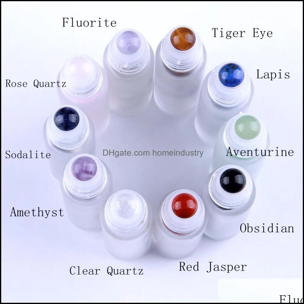 10pcs natural semiprecious stones  oil gemstone roller ball bottles frosted glass 10ml healing crystal chips inside