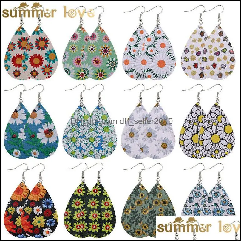 bohemia design daisy printed pu leather earrings for women girl fashion flower dangle drop earrings hook ear party jewelry gift 3594