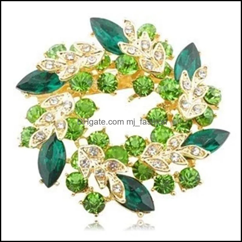 2 inch gold plated green and lime rhinestone crystal wreath flower brooch c3