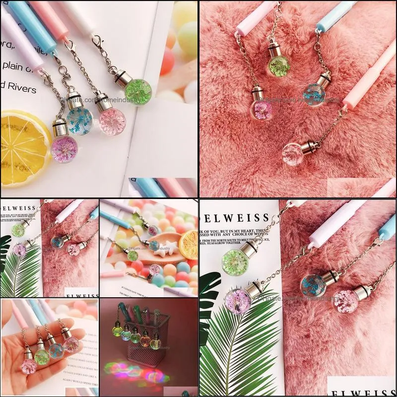 novel lighten gel pen with dry flower bulb pendant 0.5 mm creative ballpoint pen stationery favor back to school gift wj073