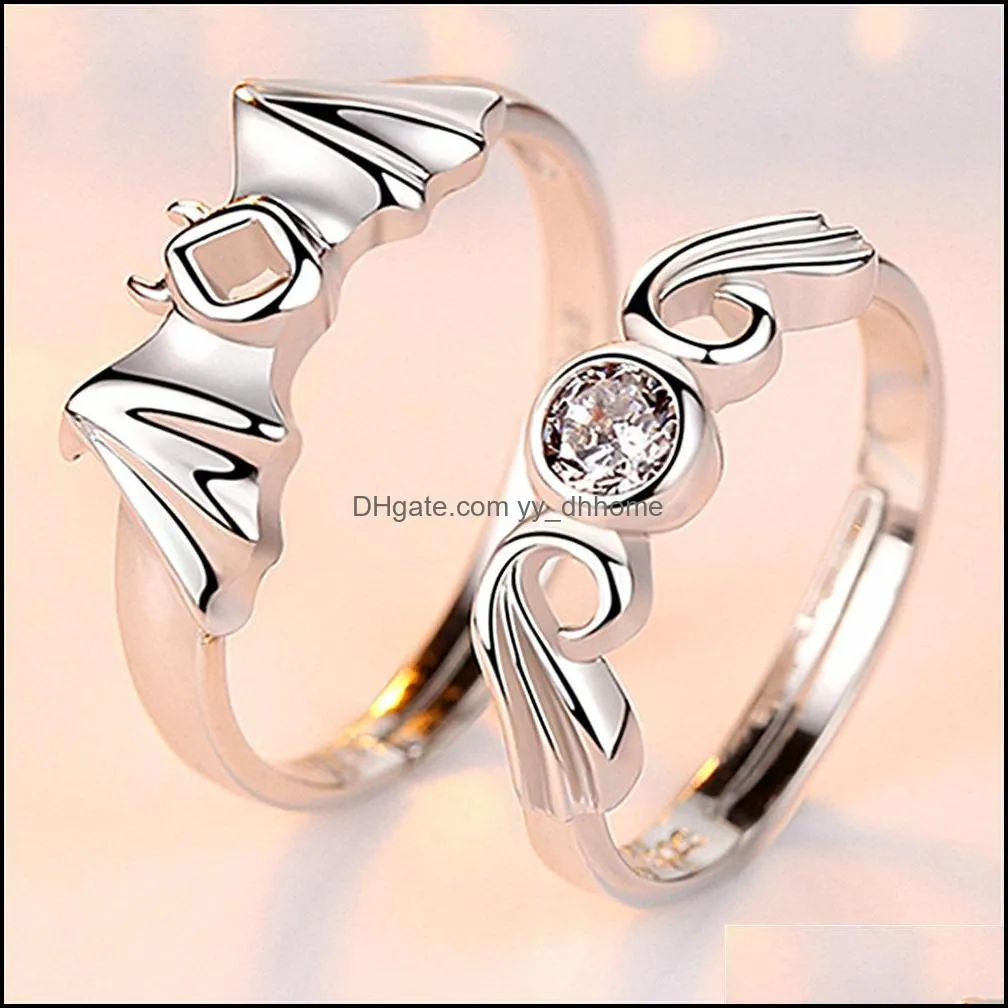 angel devil wings couple rings for women hip hop fine female adjustable rings christmas gift jewelry party silver ring