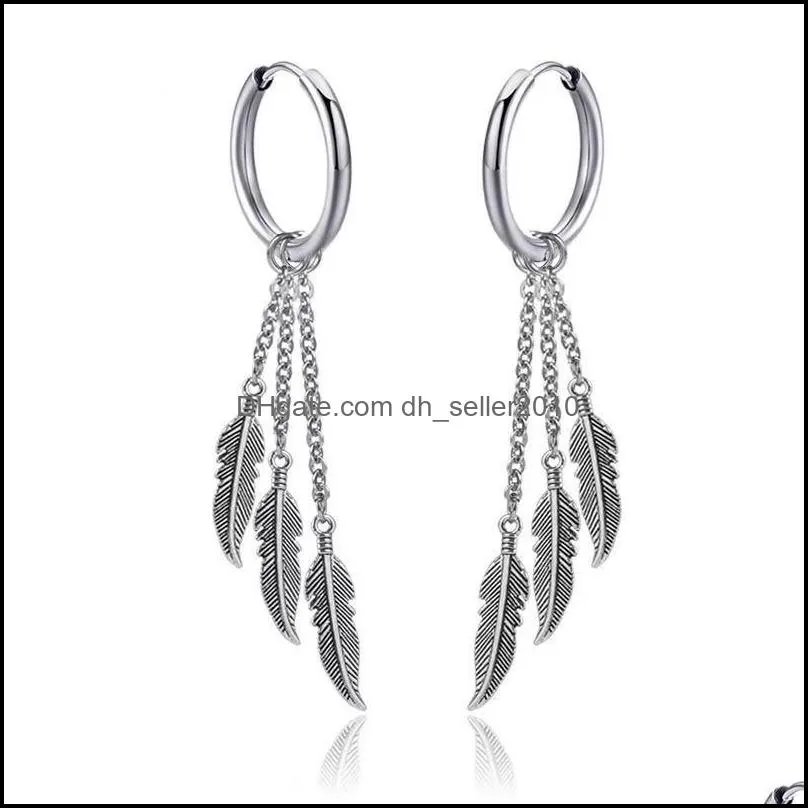 4 style clip on earrings for men non piercing kpop feather dangling fake stainless steel huggie hoop c3