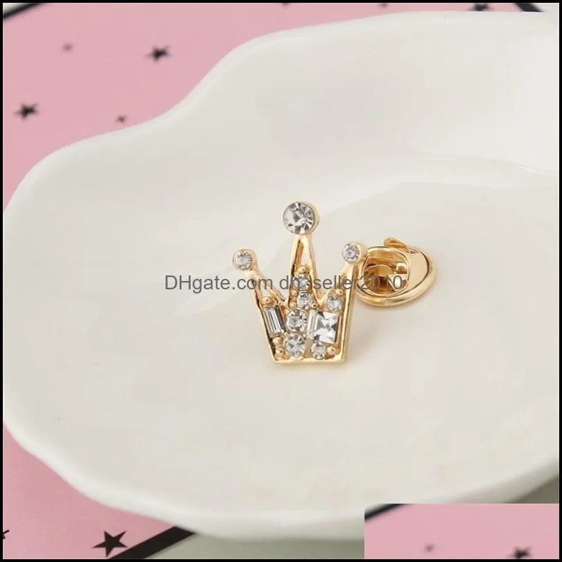 fashion small crown brooches full rhinestone crystal lapel pins alloy gold silver plated girls denim shirt badge jewelry gift bag 2192