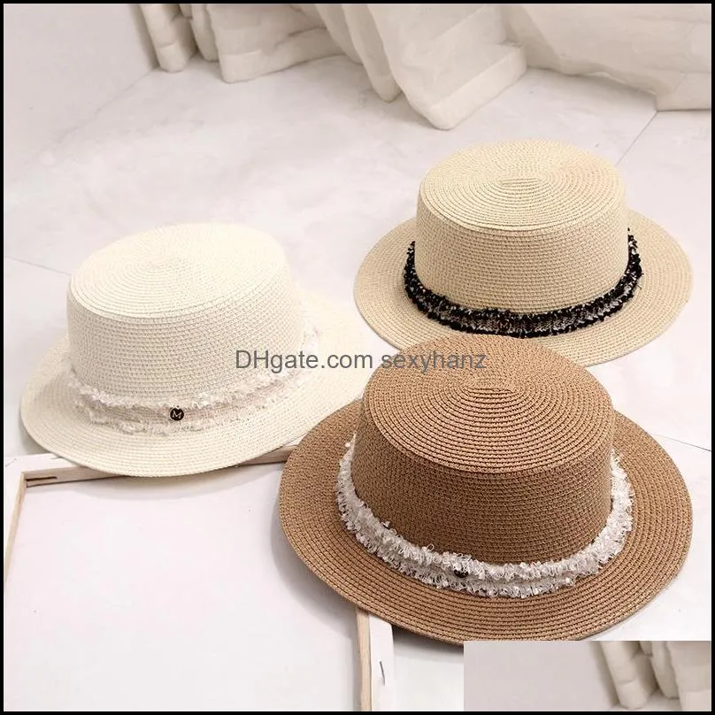 2021 summer flat sun hats for women chapeau feminino straw hat lady french retro shade vacation beach anti-uv boater cap 2492 y2