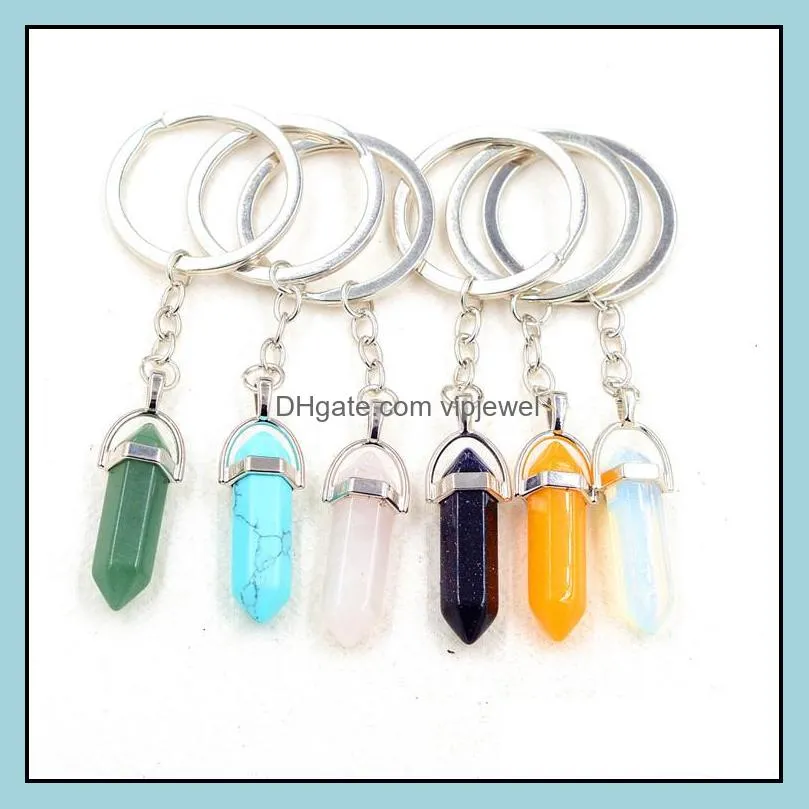 healing reiki chakra carved hexagon natural stone key rings pendant keychain crystal chakras quartz chains jewelry accessories