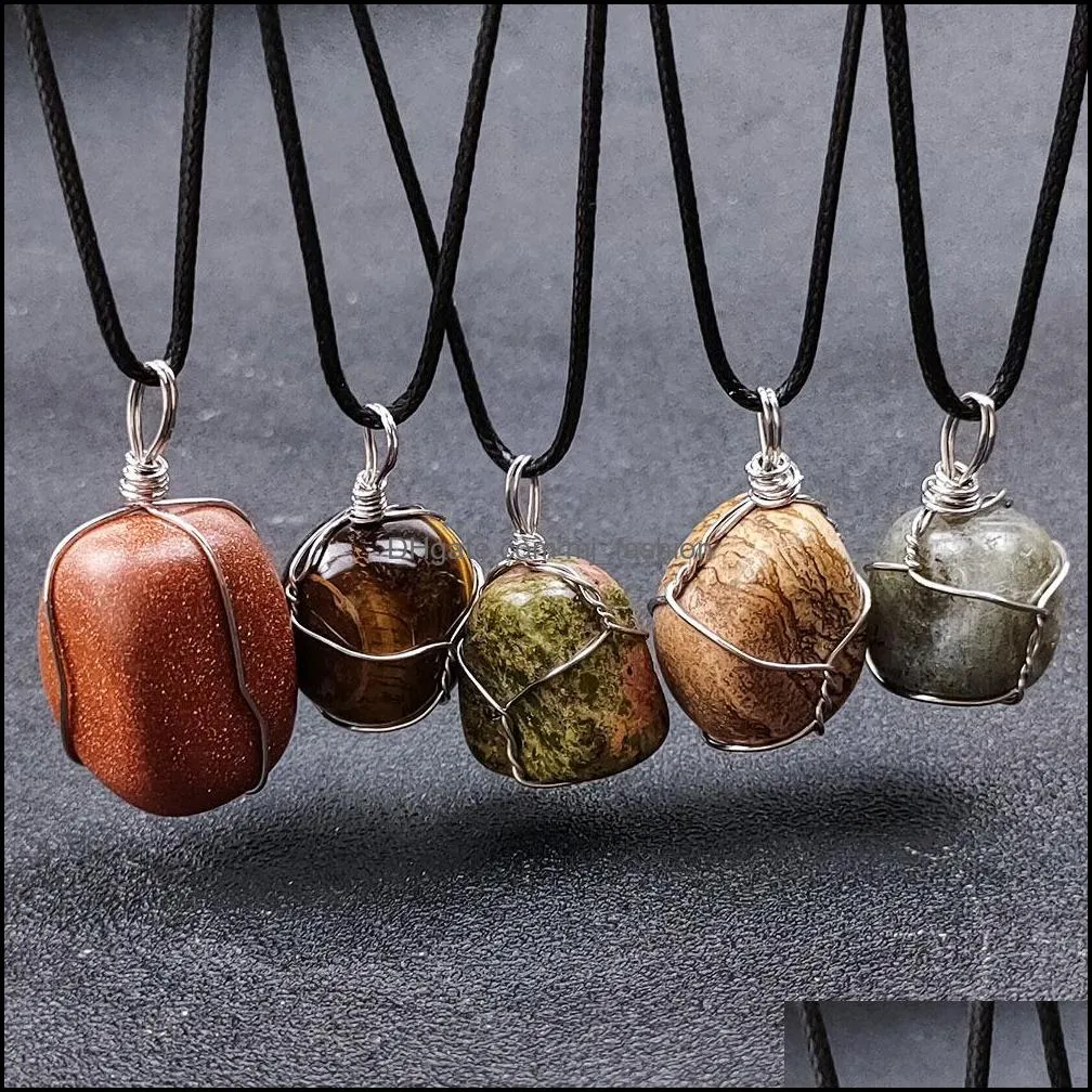 wire wrapped chakra stone pendant necklace jewelry healing crystal quartz bead women men pendants necklaces