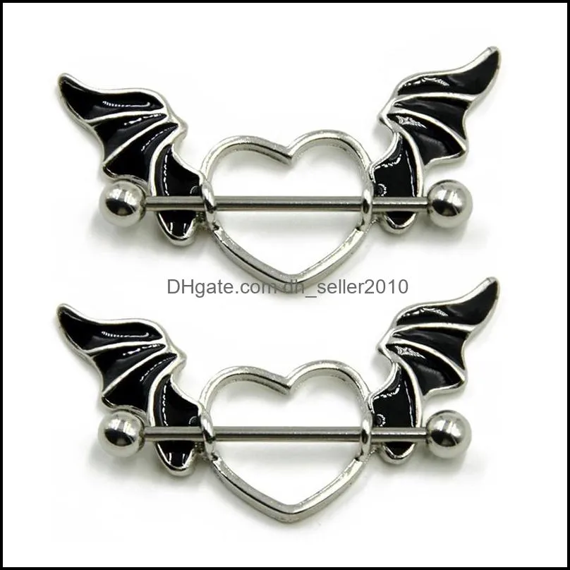 1 pcs stainless steel bat wing nipple shield ring angel heart piercing barbell jewelry 663 t2