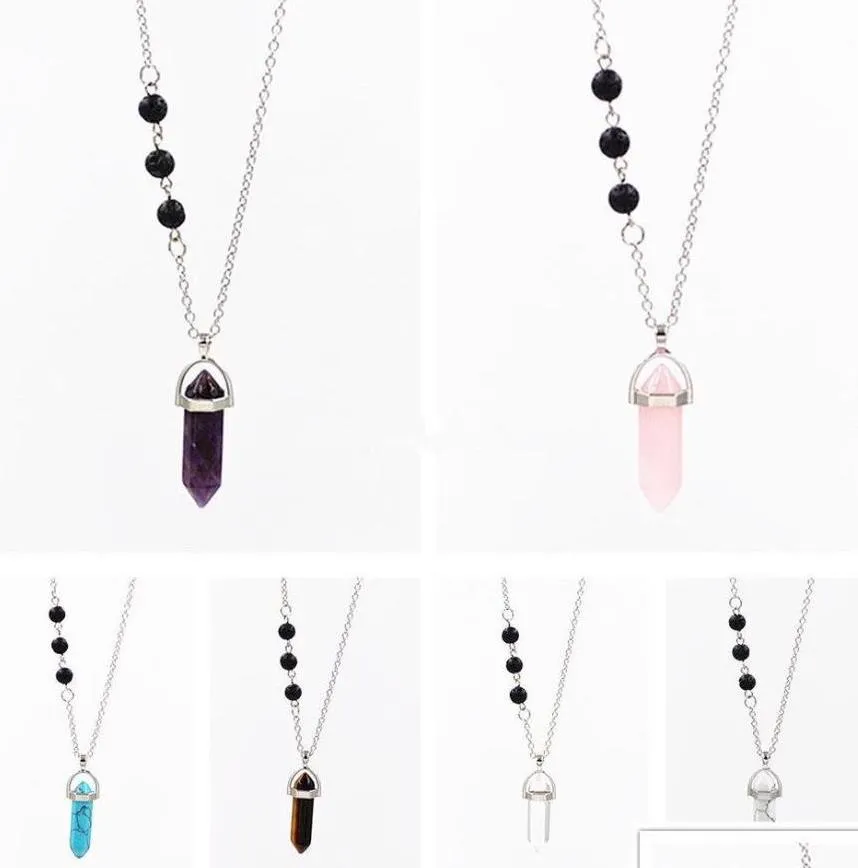 fashion hexagon prism pendant black lava stone charms diy aromatherapy  oil diffuser necklace women dress jewelry