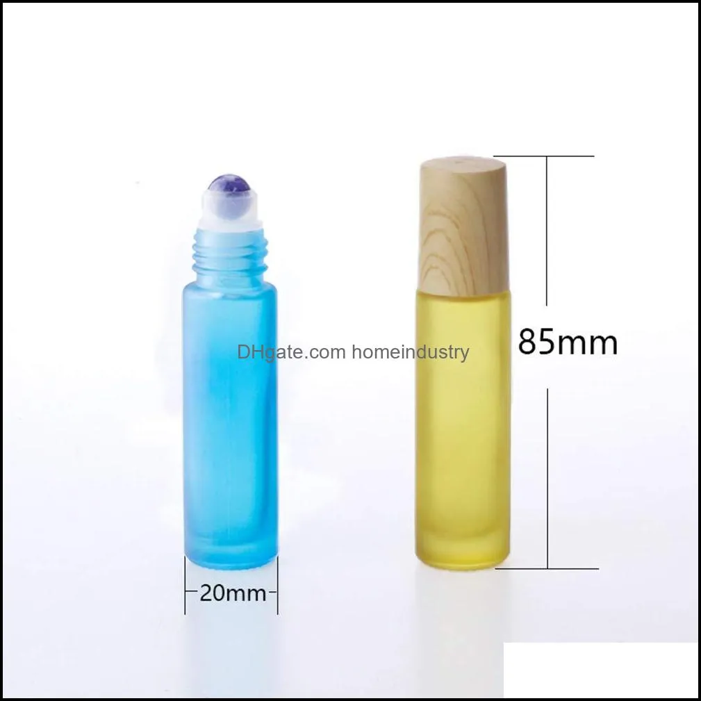 10pcs color frosted essential oils bottle gemstone roller bottle with natural crystal stones roller with wood grain lid p237