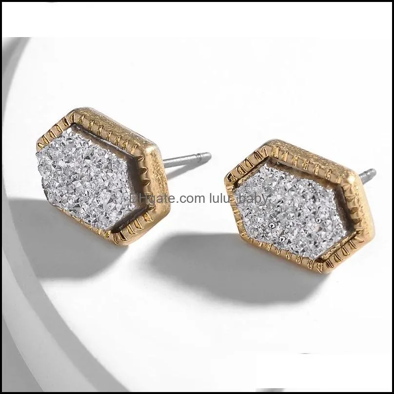 designer oval druzy drusy earrings gold plated hexagon geometry resin stud earrings for women girl gift