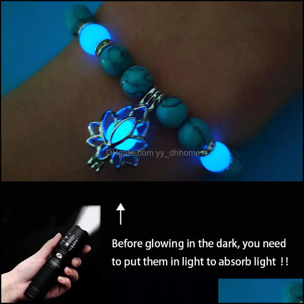 natural stone bracelet yoga healing luminous glow in the dark bracelet lotus charm beads bracelet for men women prayer buddhism