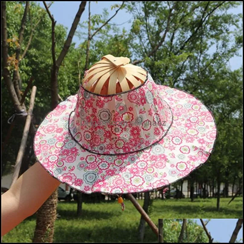 wide brim hats bamboo foldable hand fan sun hat women sunhat with 2 in 1 chinese style frame floral printed 3441 q2